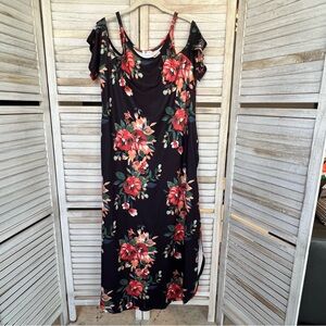Black with Floral Print Open Shoulder Maxi Dress